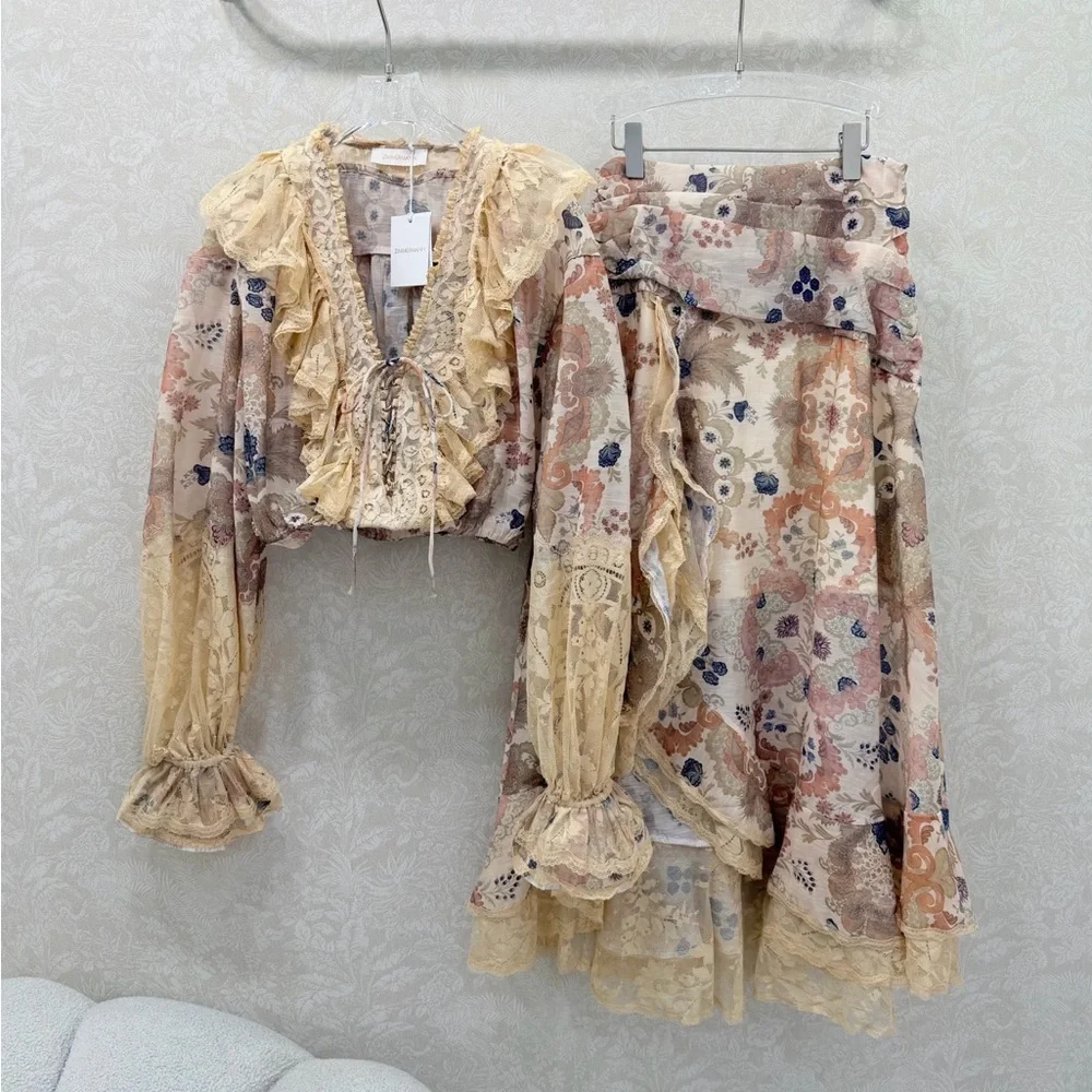 Zimmermann Floral Lace Tiered High-Low Midi Skirt in Cream with Pastel Accents